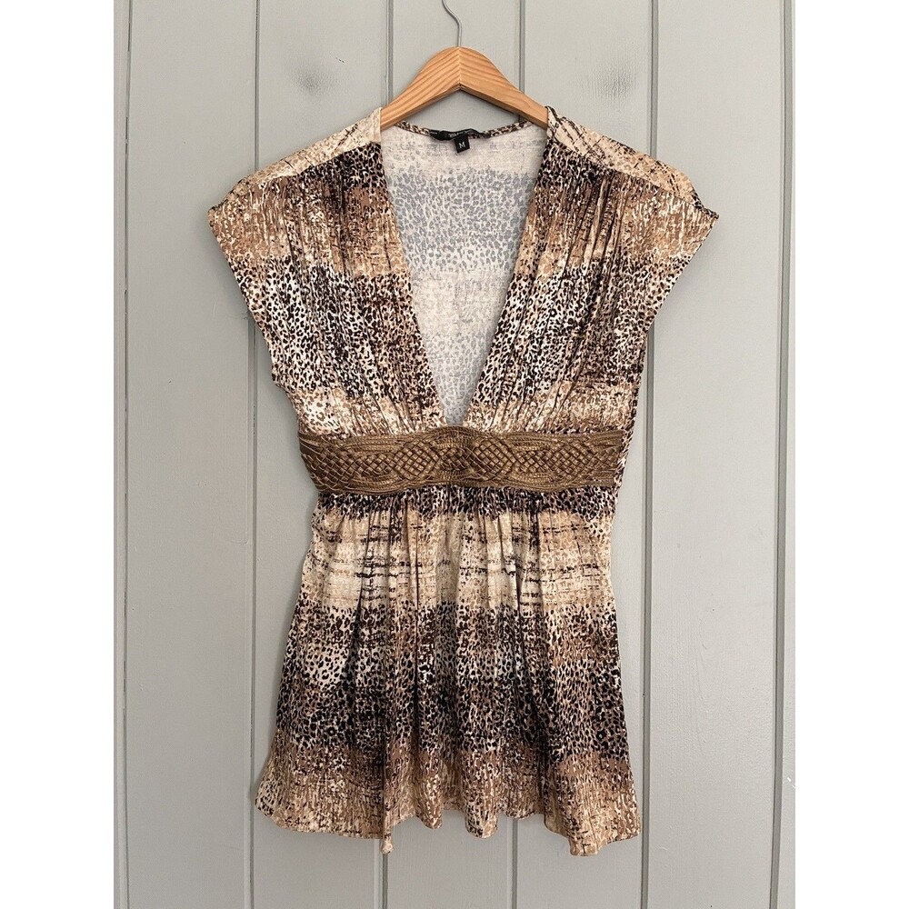 Sky Brand Jersey Top M Y2K Leather Braid Belt Animal Print Whimsigoth Fairy